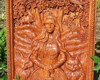 Freya Norse Goddess of Love - Mahogany Wood - 3D Engraved Wall or Table Decor - 11.85"x10.62"x1.25" - Made Ohio USA Item 5928