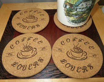 Cork Engraved Drink Coasters Reversible Coffee Lovers and Wine Lovers - 3.9" - Set of Four - Designed Hand Made Ohio USA - Item 5892