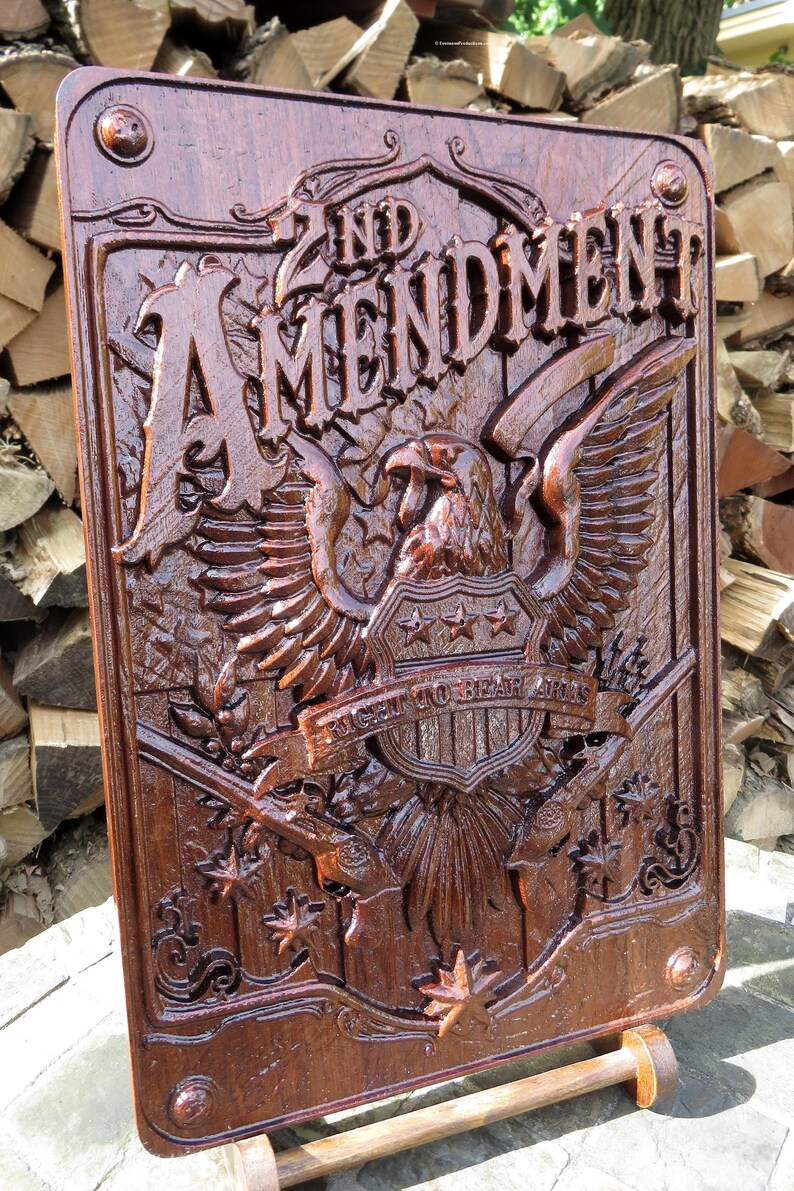 Second Amendment Engraved Wood Art - Walnut Wood 3 Dimension Wall Art Decor - Approx. 16" x 11" x 1.25" - Hand Crafted in the USA