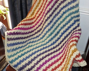 New Lap Blanket - Brilliant Rainbow and Off White - Elegant Comfort Recliner Couch Wheelchair - 42&quot;x38&quot; - Hand Crocheted Ohio USA Item 6004