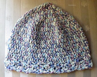 Cloche Hat - Chemo Cap - 22-24" M - L  Adult - Turquoise Purple Off White Tweed Cotton Blend Crochet Seamans Sleeping - Made USA Item 5756