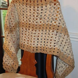 New Poncho - Beige and Tan Hand Crochet Preteen to Adult - Points Front and Back or Wrist to Wrist - Designed Hand Made in USA