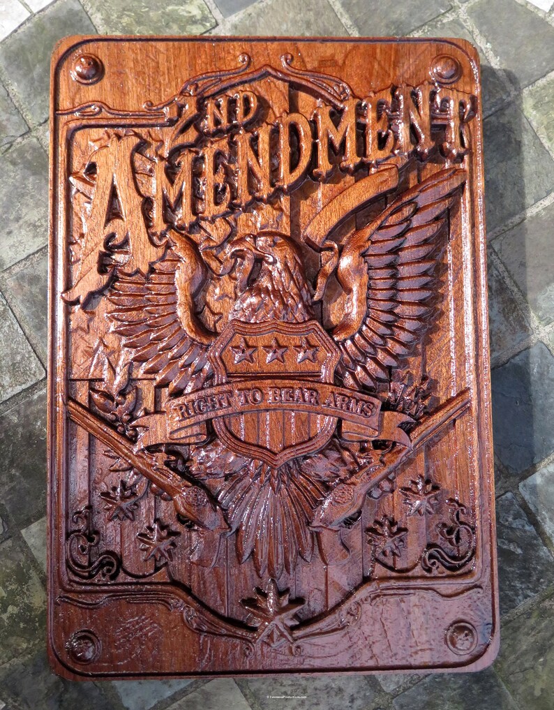 Second Amendment Engraved Wood Art - Walnut Wood 3 Dimension Wall Art Decor - Approx. 16" x 11" x 1.25" - Hand Crafted in the USA