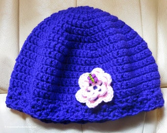 Cloche Hat - Chemo Cap - 22 to 25" M-L Adult - Royal Purple Pink Flower Butterfly  - Sleeping Reading Bad Hair Day - Hand Made USA Item 1405
