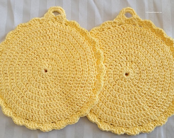 Two Large Double Thick Pot Holders Table Pads - Sunshine Yellow - 100% Cotton - 10.5" Fits Mens Womens Hands - Made USA - Item 5938