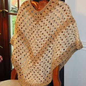 New Poncho - Beige and Tan Hand Crochet Preteen to Adult - Points Front and Back or Wrist to Wrist - Designed Hand Made in USA