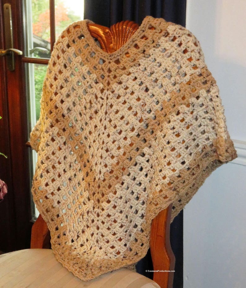 New Poncho - Beige and Tan Hand Crochet Preteen to Adult - Points Front and Back or Wrist to Wrist - Designed Hand Made in USA