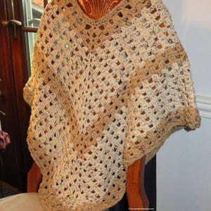 New Poncho - Beige and Tan Hand Crochet Preteen to Adult - Points Front and Back or Wrist to Wrist - Designed Hand Made in USA