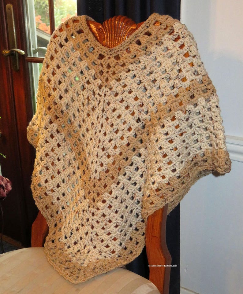 New Poncho - Beige and Tan Hand Crochet Preteen to Adult - Points Front and Back or Wrist to Wrist - Designed Hand Made in USA