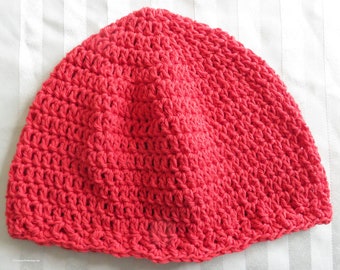 Cloche Hat - Chemo Cap - 23-25" - Cotton - Red - Seamans Thinking Night Cap - Designed Hand Crocheted Ohio USA  Item 5864