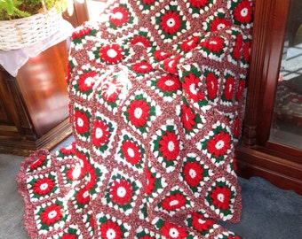 New Large Afghan Blanket - Red Raised Flowers on Green and White - Crochet Couch Bed Wedding Size 72"x58" - Gift Hand Made USA Item 5887