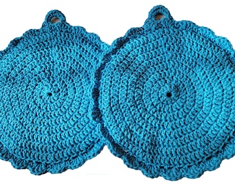 Two Large Double Thick Pot Holders Table Pads - Turquoise - 100% Cotton - 10" Fits Mens Womens Hands - Made USA - Item 5969