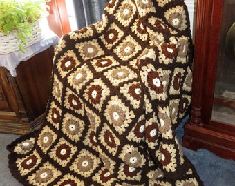 New Large Crochet Afghan Blanket - Warm Browns - Elegant Comfort - Couch Bed Recliner Dorm Room Wedding Size 68"x 54" - Made USA Item 5968