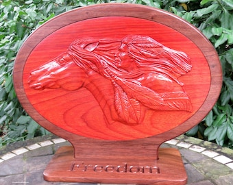 Native American Equestrian Wood Art on Base - Padauk and Walnut Wood 3 Dimensional Engraved Gift - 14"x17.75" - Hand Crafted USA Item 5255