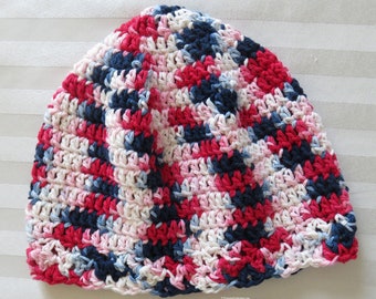 Cloche Hat - Chemo Cap - 22-24" - Cotton - Red White Blue - Seamans Thinking Night Cap - Designed Hand Crocheted Ohio USA  Item 5726