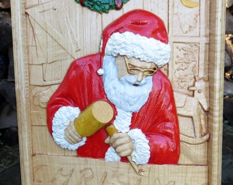 Santa's Woodworking Workshop - Maple Wood 3 Dimension Carved Wall Decor - Approx 12.5"x 8.75" - Hand Made and Hand Painted USA Item 5665
