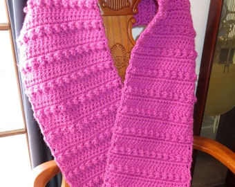 Pink Bobbles Scarf - 66" x 10" - Textured Crochet Soft Warm Heavy Washable Yarn - Breast Cancer Aware - Hand Made USA Item 5696