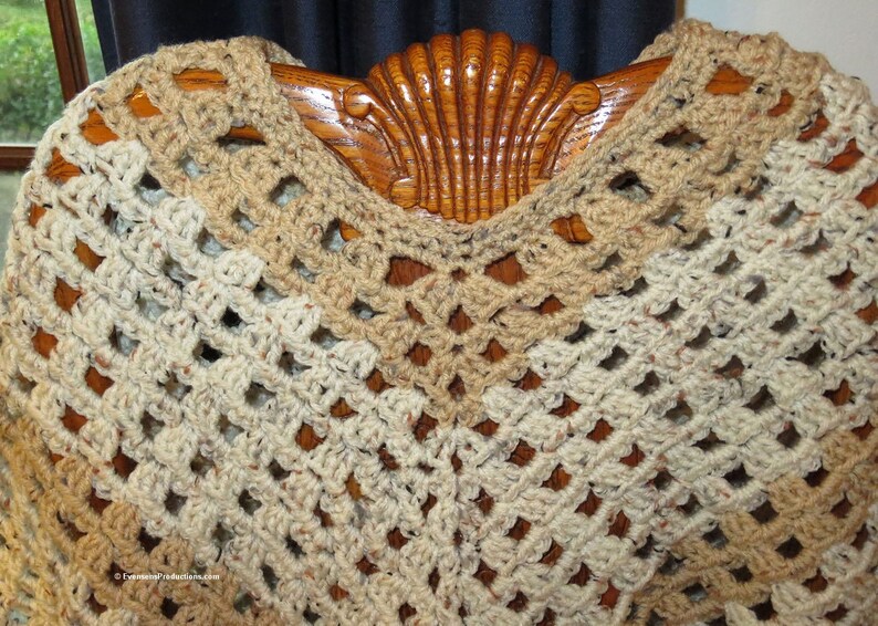 New Poncho - Beige and Tan Hand Crochet Preteen to Adult - Points Front and Back or Wrist to Wrist - Designed Hand Made in USA