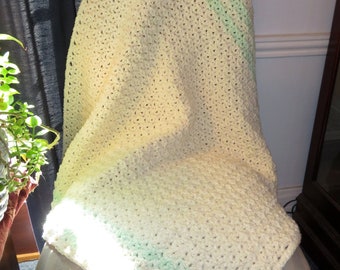 New Large Baby Lap Blanket - Cream with Green Trim Crocheted Chair Recliner Car - 35"x33" Hand Made USA Item 5227