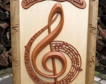 G Clef Hum a Happy Tune - Cherry Sassafras Baltic Birch  Woods 3 Dimension Engraved Wall Decor - Approx 15.0"x9.5"x1.2" - Made USA Item 5325