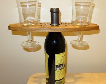 Wine Bottle and Glass Holder - Engraved Cherry Wood - Stay Calm Pour On -  Wedding Fifth Anniversary - Designed Hand Made USA Item 5135