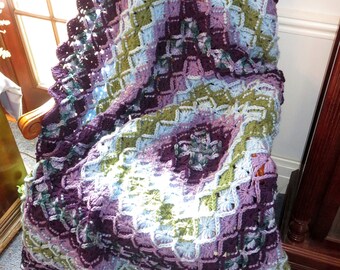 New Highly Textured Blanket - Shades of Purple Blue Green Elegant Comfort - Chair Recliner Bed - 58"x58" - Hand Crocheted Ohio USA Item 5773