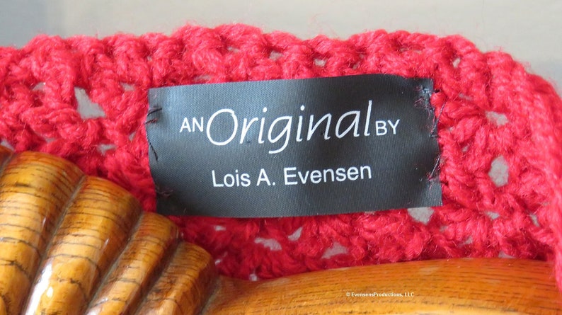label - New Triangle Lace Shawl - Red Hand Crochet - Soft Non-Allergic Washable Acrylic Yarn One Size Fits Most - Designed Made Ohio USA