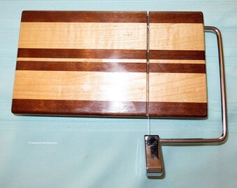 Cheese Slicing and Serving Board - Walnut and Maple Woods - Chrome Hardware - Wedding Anniversary Hostess Gift - Hand Made USA - Item 4980