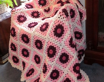 New Large Afghan Blanket - Burgundy Raised Flowers on Pink and White - Crochet Couch Bed Wedding Size 72&quot;x58&quot; - Gift Hand Made USA Item 5803