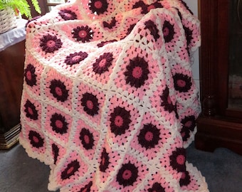 New Large Afghan Blanket - Burgundy Raised Flowers on Pink and White - Crochet Couch Bed Wedding Size 72"x58" - Hand Made USA Item 5803