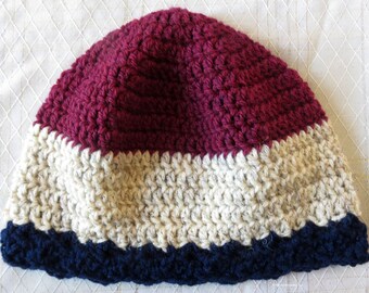 Cloche Hat - Chemo Cap - Wool Blend 21"-23" S-M Unisex Adult - Soft Crochet Red White Blue -Thinking Bad Hair Day - Hand Made USA Item 5814