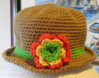 Toddler Hat - Warm Brown Green Band - Orange Yellow Flower Soft Hat - 19-20" Head Size - Photo Op - Hand Crocheted - Made in USA - Item 4411