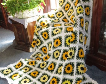 New Large Afghan Blanket - Yellow Raised Flowers on Green and White - Crochet Couch Bed Wedding Size 72"x58" - Hand Made USA Item 5625