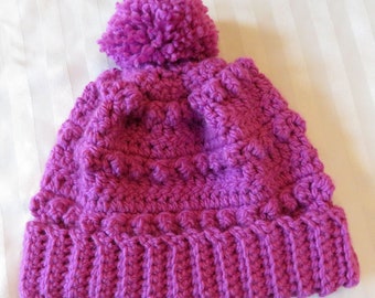 Pink Bobbles Hat With Pom Pom Hand Crochet - 22"-24" Fits Most - Warm Soft Toboggan Slouch Hat Designed Made USA Item 5697