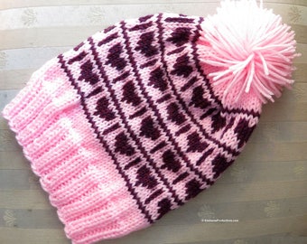 Nordic Knit Intarsia Hat - Pink and Burgundy Hearts Intarsia - 18"-22" PreTeen-Medium Adult - Toboggan Slouch - USA Hand Knit Item 4924