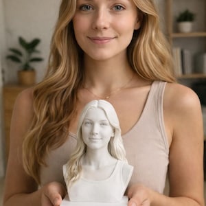 Peut inclure: Buste blanc d'une femme aux longs cheveux et en débardeur, sur une base rectangulaire blanche. La sculpture est tenue par une personne portant un débardeur beige.