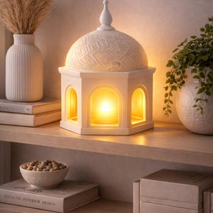 Könnte beinhalten: Eine cremefarbene, kuppelförmige dekorative Lampe mit einem geometrischen Muster, die ein warmes Leuchten ausstrahlt. Die Lampe steht auf einem Holzregal, zusammen mit einer Vase mit getrockneten Pflanzen, einer Schale mit Nüssen und Büchern. Das Gesamtthema ist Wohnkultur.