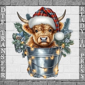Op de afbeelding: Digitale afbeelding van een Highland-koe met een kerstmuts, genesteld in een zilveren emmer versierd met kerstverlichting en groen. De afbeelding heeft de tekst "DTF TRANSFER" aan de linkerkant en "READY TO PRESS" aan de rechterkant.