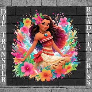 May include: DTF Transfer ready to press. A colorful illustration of a woman with long brown hair, adorned with flowers, and wearing a red and white outfit. The image is surrounded by vibrant flowers and a splash of colors against a black brick background.
