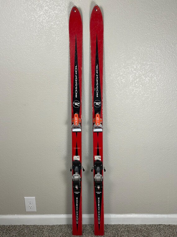 Vintage Red Rossignol Concorde Skis, Salomon 127 Bindings, Cabin