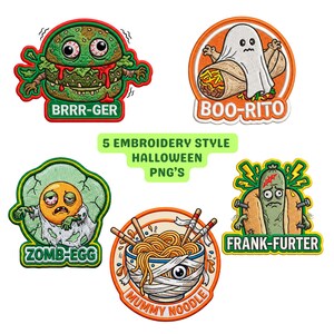 Op de afbeelding: Er zijn vijf Halloween-borduurontwerpen afgebeeld. De ontwerpen omvatten een zombieburger, een spookburrito, een zombie-ei, een mummie-noedelschaal en een Frankenstein-hotdog. De tekst "5 EMBROIDERY STYLE HALLOWEEN PNG'S" is ook aanwezig.