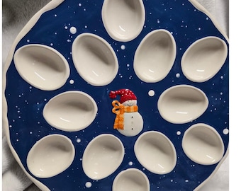 St Nicholas Square Snow Days Snowman Deviled Egg Platter 12.5 Inch Navy Blue