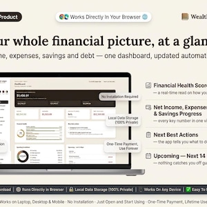 May include: A digital product dashboard titled Wealth Ledger displayed on a laptop screen. The interface shows financial metrics including income, expenses, savings, and debt. Text highlights features like no installation, local data storage, and one-time payment.