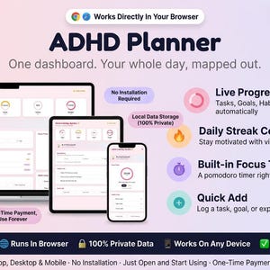 May include: A digital ADHD planner displayed on a laptop, tablet, and smartphone. The interface features live progress rings, a daily streak counter, a focus timer, and a quick add function. Text includes ADHD Planner, One dashboard, and feature labels.
