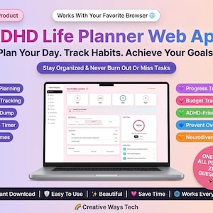 May include: A laptop displaying an ADHD Life Planner web app interface with a pastel gradient background. Text includes 'ADHD Life Planner Web App', 'Plan Your Day. Track Habits. Achieve Your Goals.', and features like 'Daily Planning' and 'Progress Tracking'.