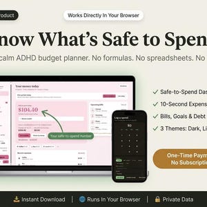Puede incluir: Un producto de planificador presupuestario digital con un portátil y un smartphone que muestran un panel con el texto Know What's Safe to Spend, Softly y One-Time Payment. No Subscription. La interfaz incluye registro de gastos y seguimiento.