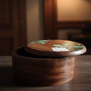 Op de afbeelding: Een ronde houten doos met een iets geopende deksel, waardoor de binnenkant zichtbaar is. De doos is diep bruin van kleur, met een gladde, gepolijste afwerking. De deksel is versierd met groene bladeren en witte bloemen. Op een donker houten oppervlak.