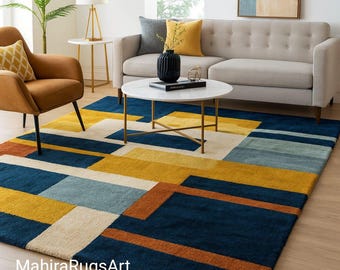 Handmade Abstract Geometric Wool Rug - Modern Navy Blue & Gold Area Carpet - Mid Century Modern Living Room Decor - Hand Tufted Plush Rug
