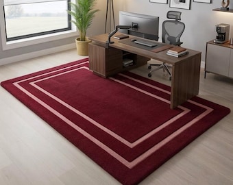 Tappeto geometrico in lana trapuntato a mano, colore bordeaux, moderno, per soggiorno.