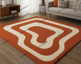Handmade Wool Rug – Burnt Orange Geometric Tufted Carpet, 5x8